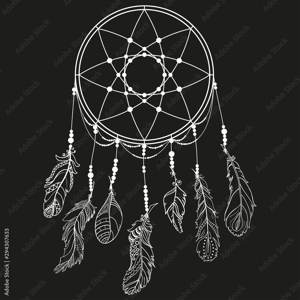 Hand drawn white dreamcatcher on black background. Feathers. Abstract mystic symbol. Design for spiritual relaxation for adults. Line art creation