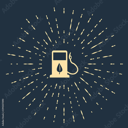 Beige Bio fuel concept with fueling nozzle and leaf icon isolated on dark blue background. Gas station with leaves. Eco refueling. Abstract circle random dots. Vector Illustration
