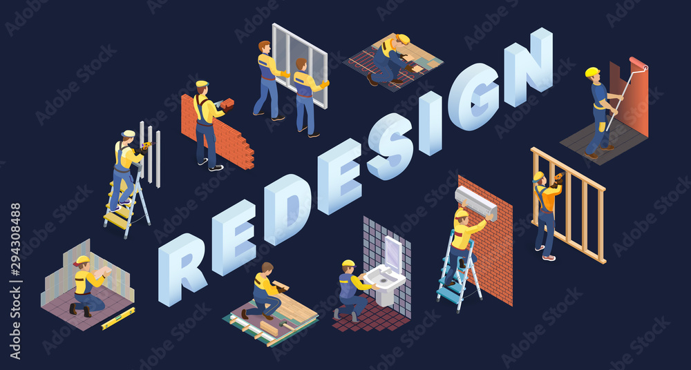 Isometric redesign services concept. Team of builders are works. Vector. - obrazy, fototapety, plakaty 