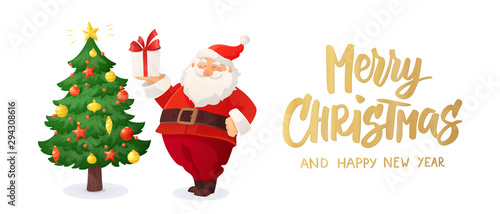 Merry Christmas card. Cartoon vector illustration of Santa Claus with a present. Decorated Christmas tree.