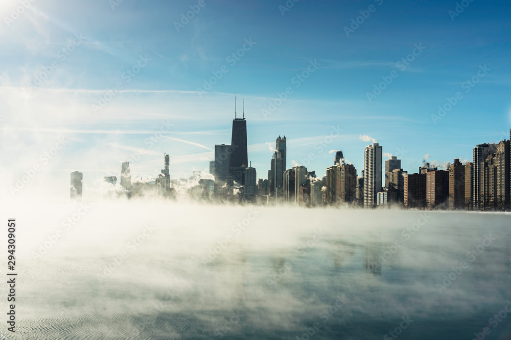 Chicago Downtown and Lake Michigan covers by fog from winter polar vortex
