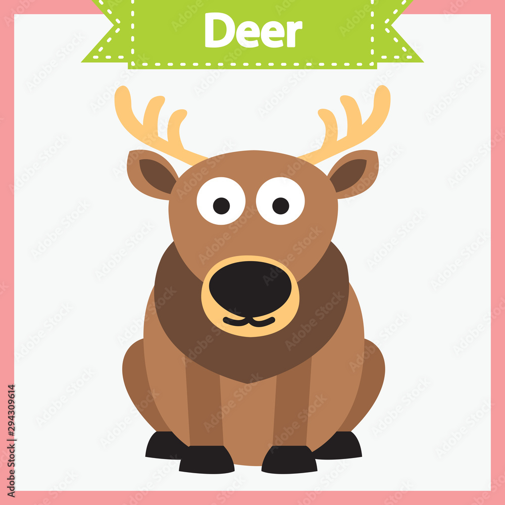Baby learning cards with animal names. Learning to read. Educational game for children. Funny deer. Vector flat illustration on white background. Baby learning cards with animal names. Learning to read. Educational game for children. Funny deer. Vector flat illustration on white background.