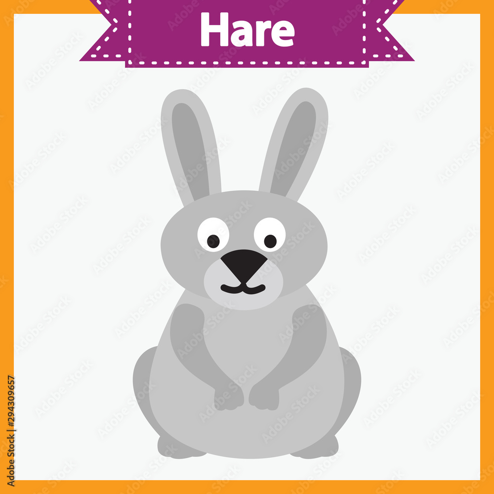 Fototapeta premium Baby learning cards with animal names. Learning to read. Educational game for children. Funny hare. Vector flat illustration on white background.