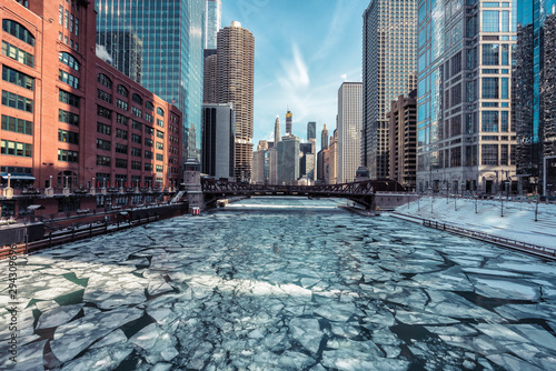Ice on Chicago River during winter polar vortex