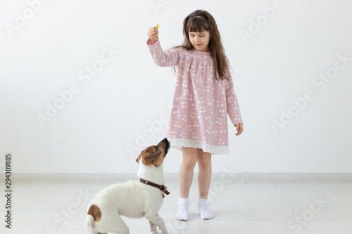 Little child girl in a pink dress plays with her dog Jack Russell Terrier