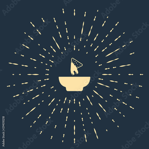 Beige Nachos in plate icon isolated on dark blue background. Tortilla chips or nachos tortillas. Traditional mexican fast food. Abstract circle random dots. Vector Illustration