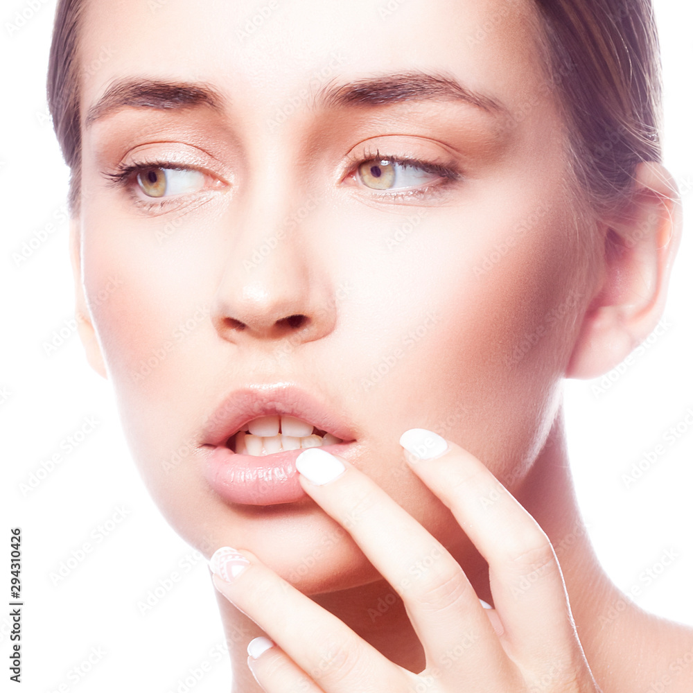 Close-up beauty face of modern glamour woman, perfect skin