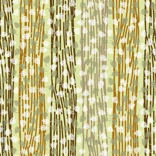 A seamless vector forest themed pattern with stripesand leaves in browns and greens. Surface print design. photo