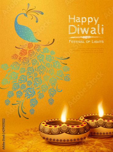 Happy diwali design with oil lamps