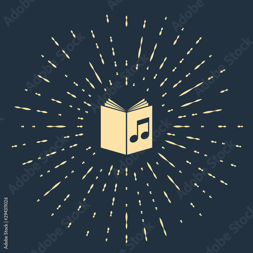 Beige Audio book icon isolated on dark blue background. Musical note with book. Audio guide sign. Online learning concept. Abstract circle random dots. Vector Illustration