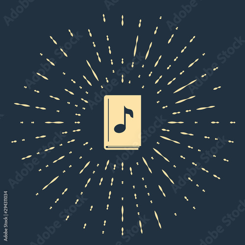Beige Audio book icon isolated on dark blue background. Musical note with book. Audio guide sign. Online learning concept. Abstract circle random dots. Vector Illustration