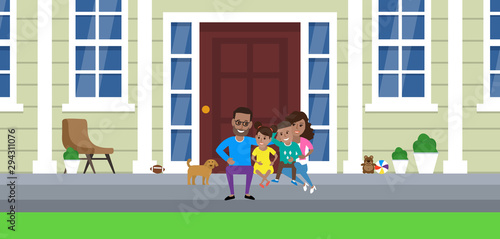 happy african american family siiting on porch of their house