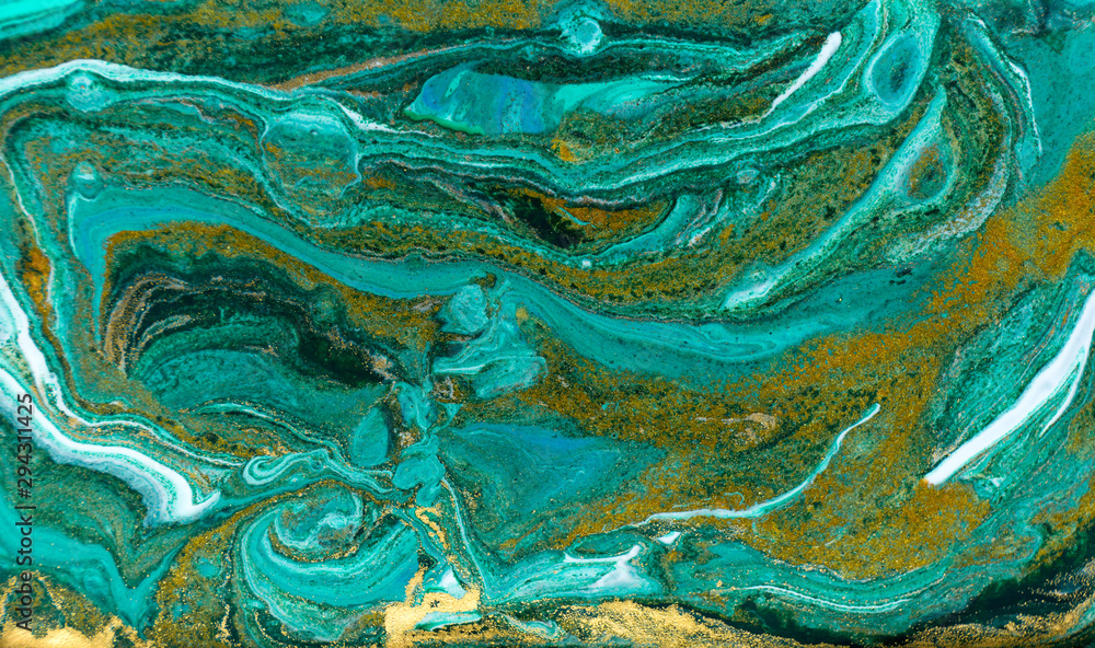 Green and gold ripple of agate background. Golden powder marble texture