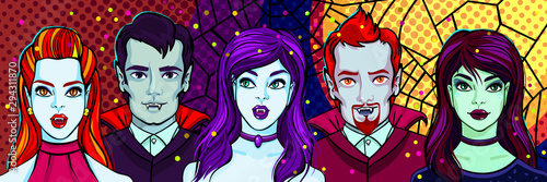Halloween illustration. Vampires and witch. Vector illustration