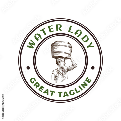 African tribe girl carry water use bucket on head logo concept