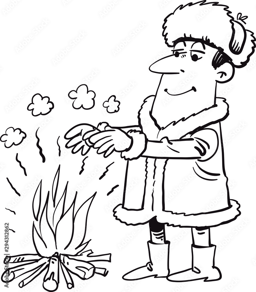 Warmly dressed man warming his hands by the fire. Warmly dressed man warming his hands by the fire.
