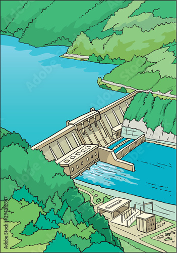 Hydro power plant building with beautiful landscape