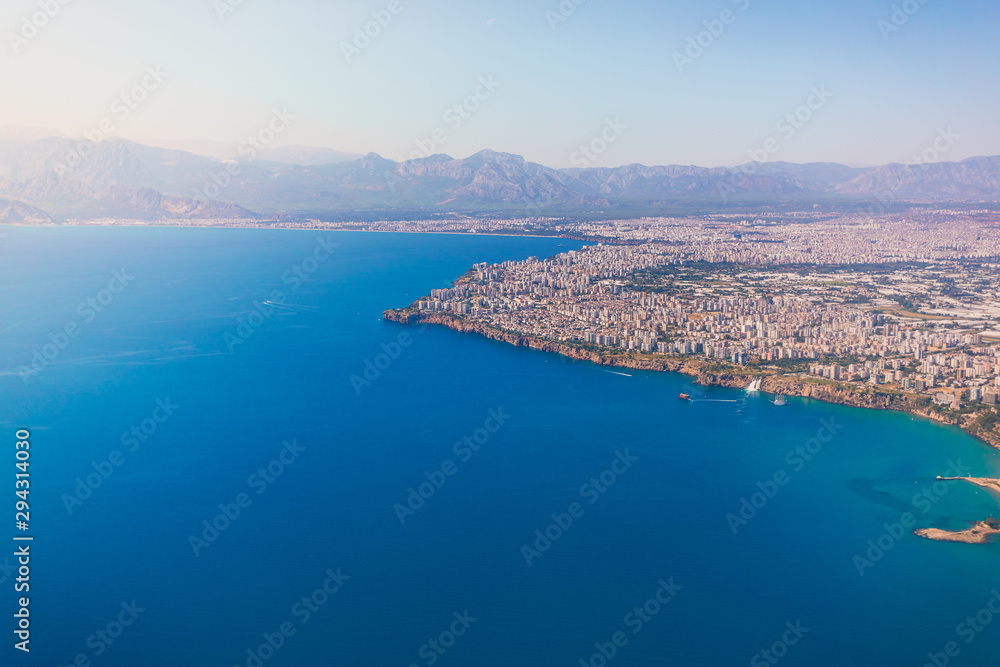 Aerial view of the Mediterranean Sea and the coast of Antalya and the city itself from the sea, Turkey