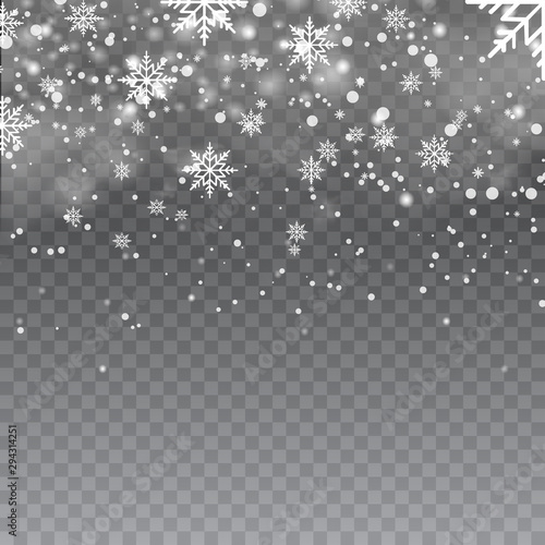 Falling snowflakes in foggy weather on transparent background. Vector