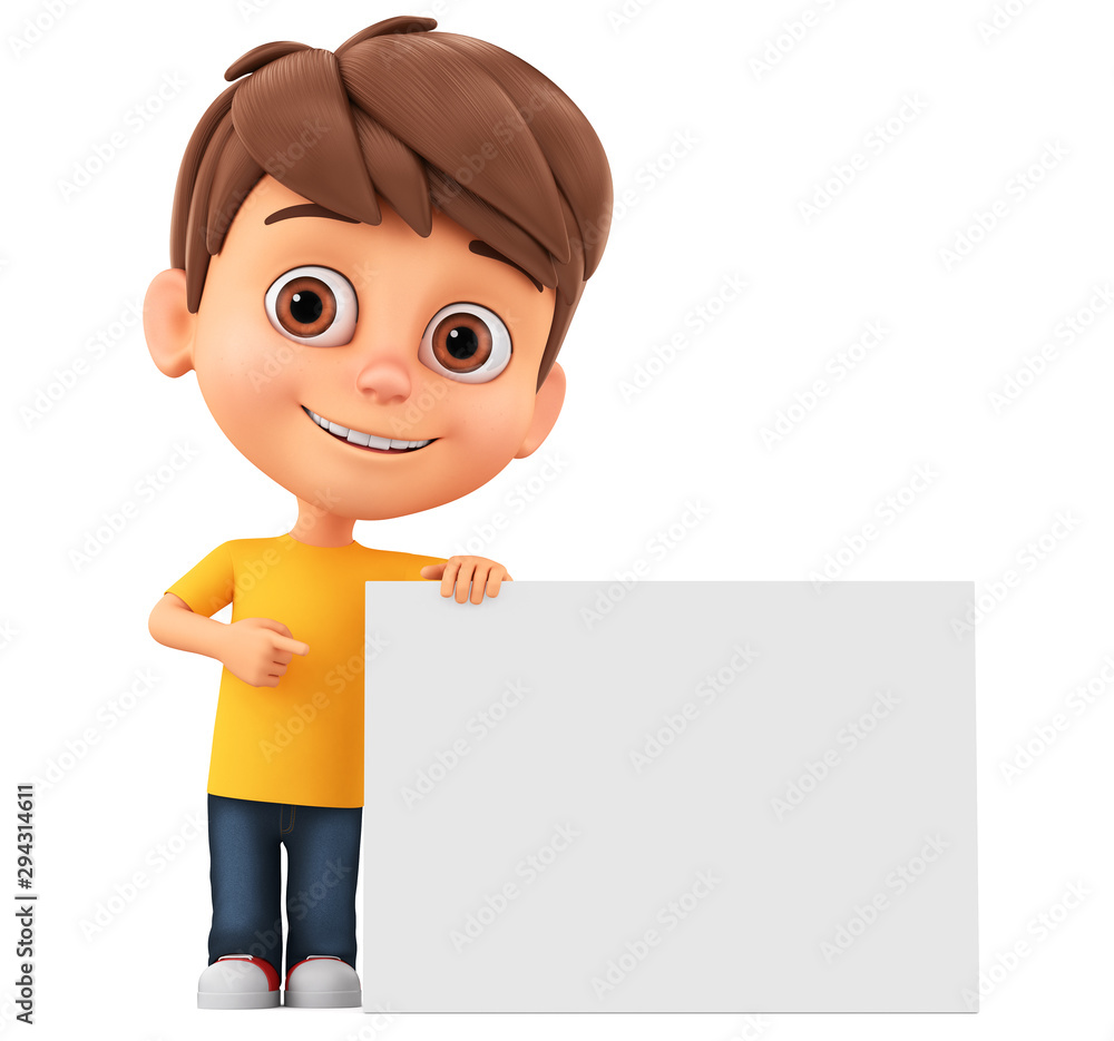 Cartoon character little boy points a finger at a blank board on a white  background. 3d render illustration. Stock Illustration | Adobe Stock