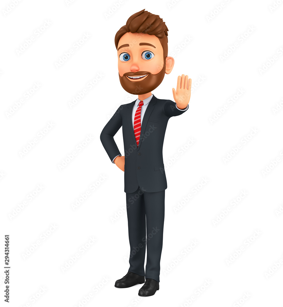 Cartoon character businessman shows hand a stop sign on a white background. 3d render illustration. Cartoon character businessman shows hand a stop sign on a white background. 3d render illustration.