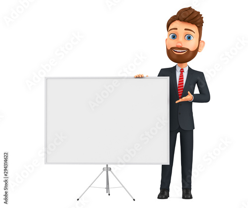 Cartoon character businessman points to a blank board on a white background. 3d render illustration.