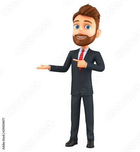 Cartoon character businessman finger on empty hand on a white background. 3d render illustration.