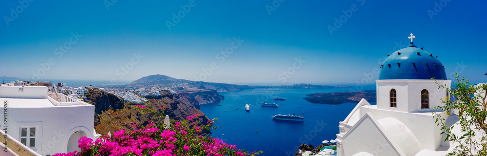 Picturesque view of blue sea and white church - obrazy, fototapety, plakaty 