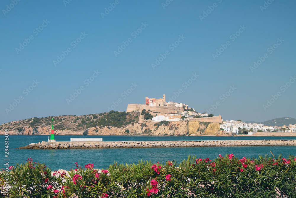 Sea bay and ancient fortress city. Ibiza, Spain