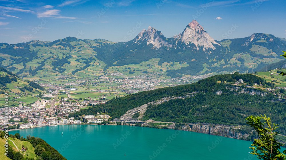 Fototapeta premium Panoramic view on green Swiss Alps near lake Lucerne, Morchach and Mythens mountains