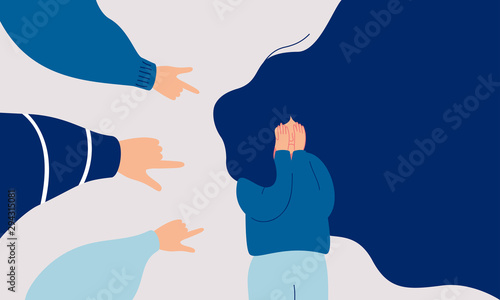Children engage in bullying behavior towards a school girl. Depressed girl cries and covers her face with her hands. Female surrounded by the hands of her peers pointing at her. Human character vector photo