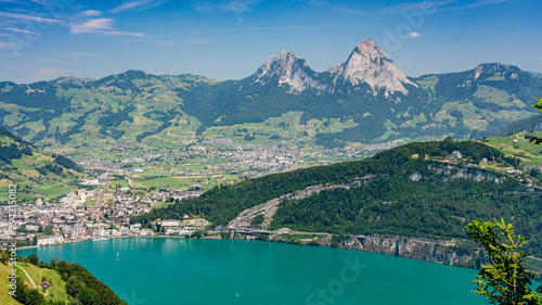 Panoramic view on green Swiss Alps near lake Lucerne, Morchach and Mythens mountains