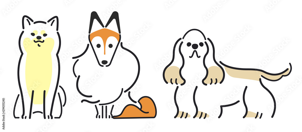 犬 ポーズ 表情 ３匹 柴犬 シェットランドシープドッグ アメリカンコッカースパニエル Stock Vector Adobe Stock