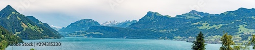 Panoramic view on green Swiss Alps near lake Lucerne
