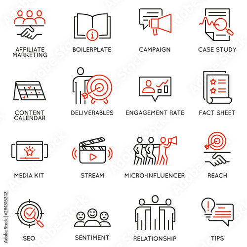 Vector set of linear icons related to business management process, advertising promotion and marketing. Mono line pictograms and infographics design elements - 12