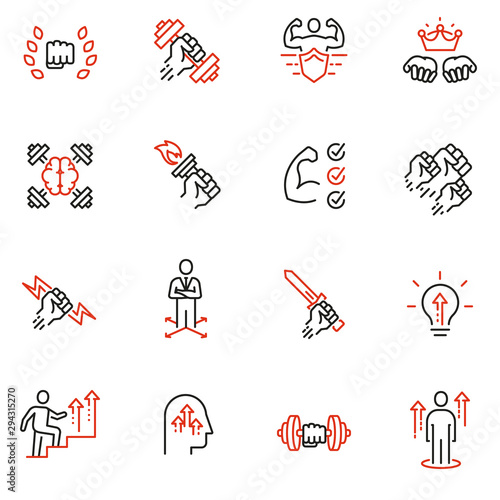 Vector set of linear icons related to leadership development, assertiveness, empowerment, skills. Mono line pictograms and infographics design elements - 1