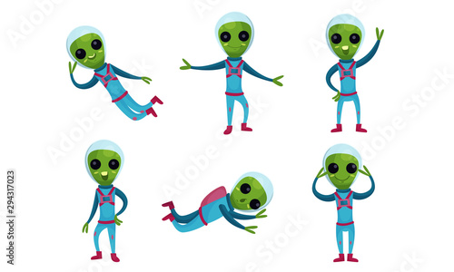 Vector Illustrations With Green Aliens In Spacesuits Set Of Cartoon Characters