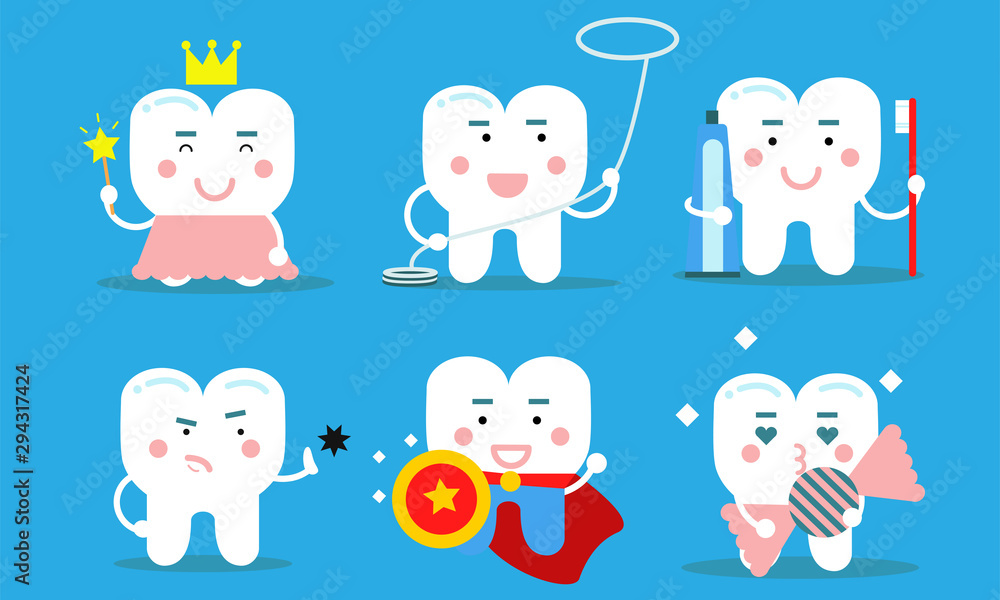 Naklejka premium Set Of Healthy Teeth Concept Vector Illustrations Cartoon Characters