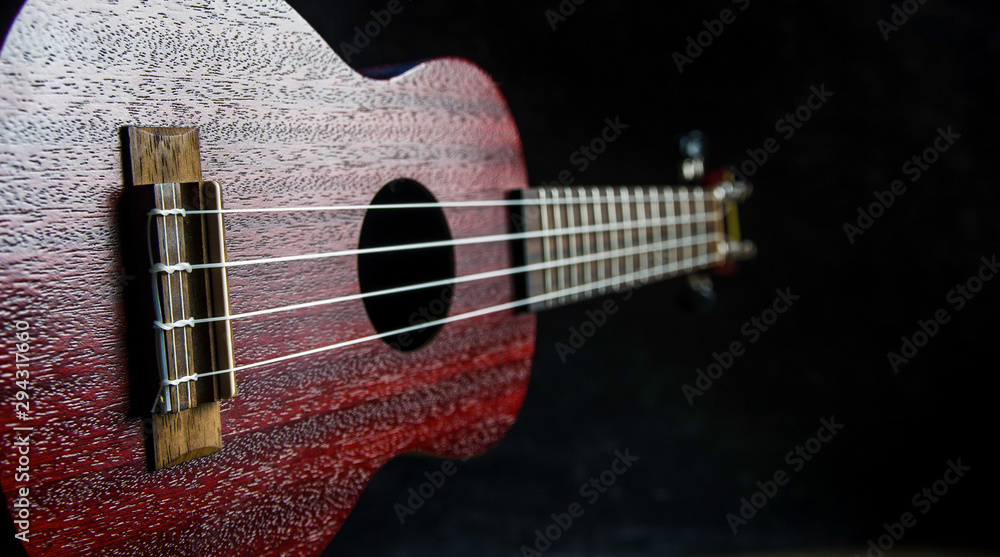 Fototapeta premium Mahogany ukulele close-up on dark background