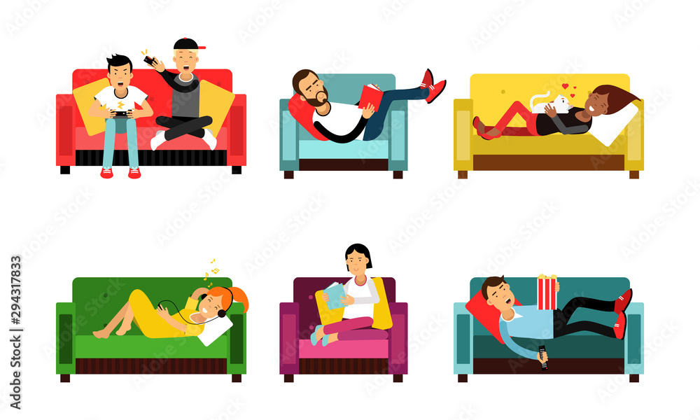 Vector Set With People Inside Entertainments On The Couch Or In The Armchair Isolated On White Background