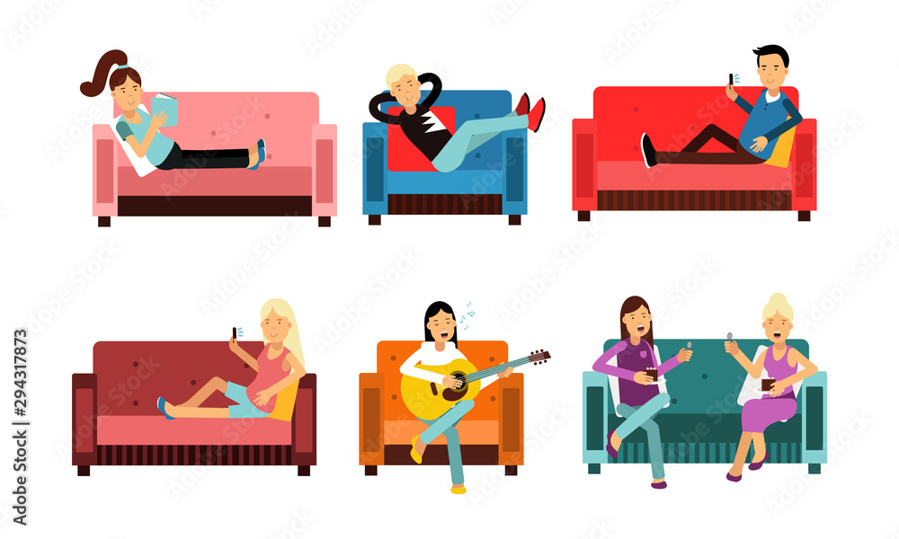 Vector Set With People Inside Entertainments At Home Isolated On White Background Vector Set With People Inside Entertainments At Home Isolated On White Background