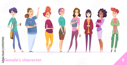 Women character design collection. Modern cartoon flat style. Females stand together. Young females in different poses.