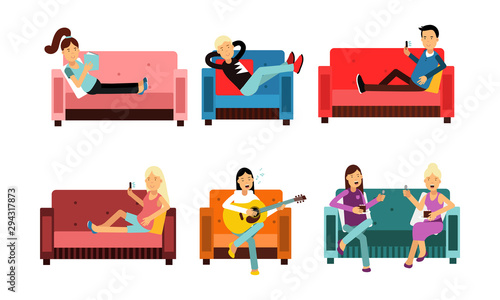 Vector Set With People Inside Entertainments At Home Isolated On White Background