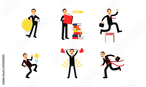 Set Of Vector Illustrations With Businessmen Office Life And Goals Concept