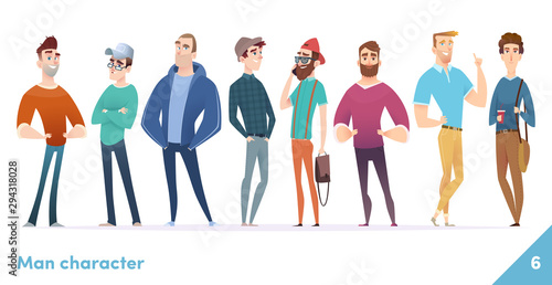 People character design collection. Males or manegers stand together. Young professional males poses.