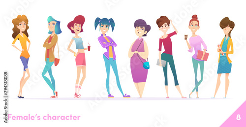 Women character design collection. Modern cartoon flat style. Females stand together. Young females in different poses.