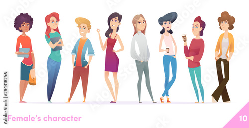 Women character design collection. Modern cartoon flat style. Females stand together. Young females in different poses.
