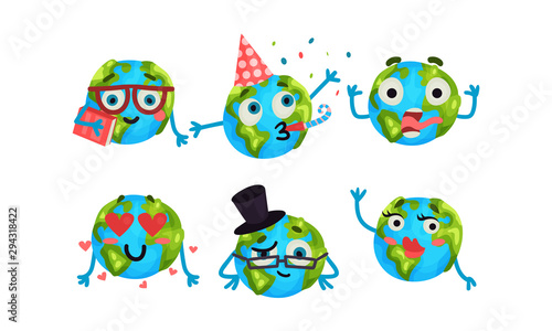 Set Of Cute Cartoon Earth Globe With Different Emotions Vector Illustrations