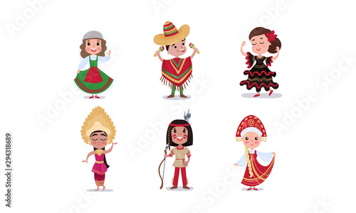 Set With People Of Various Nationalities In Traditional Costumes Isolated On White Background
