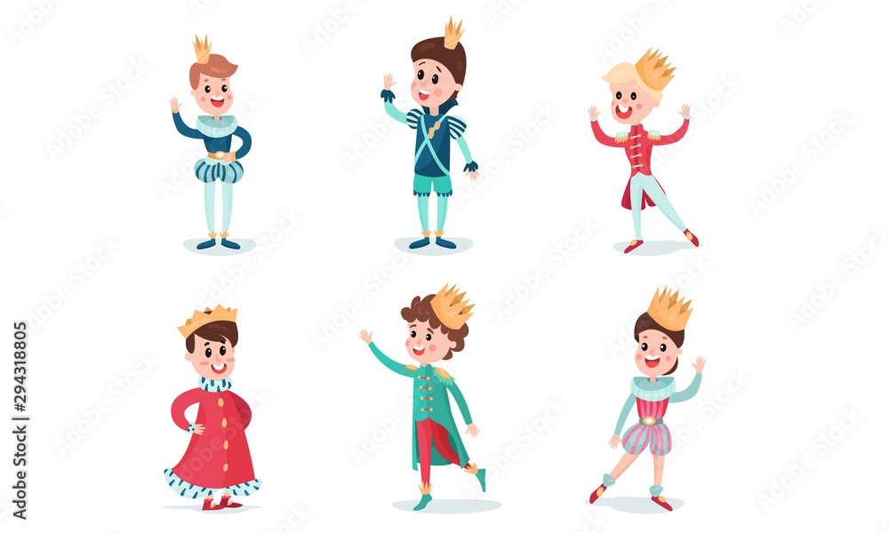 Set Of Vector Illustrations With Little Boys Wearing Fairy Princes And Kings Costumes Cartoon Characters